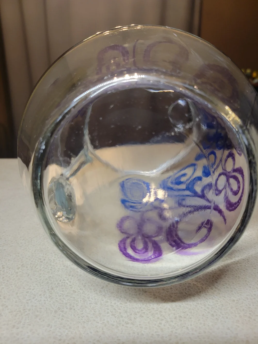 Vintage Glass Pitcher with Blue & Purple Scroll Design